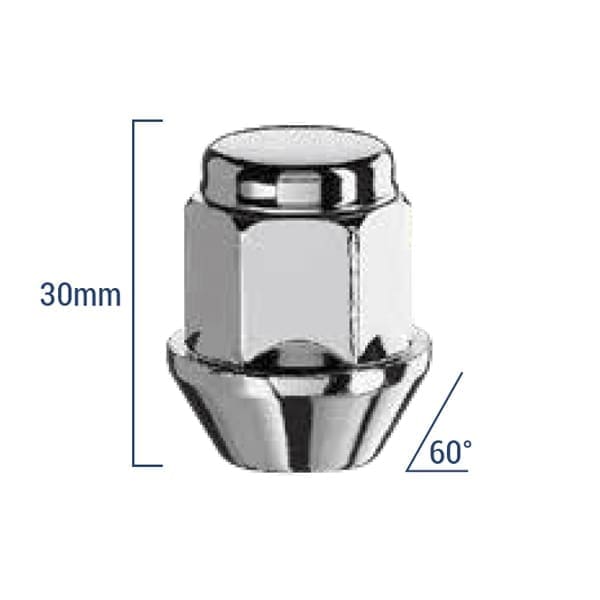 Bimecc Mutter M12x1.5 30mm - võti 19 - 60° koonus - Silver (KINNINE)