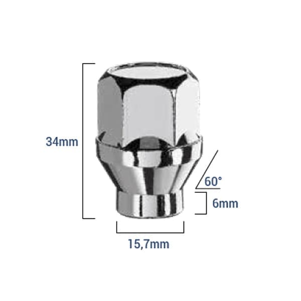 Bimecc Mutter Hülsiga M12x1.5 34mm - võti 21 - 60° koonus - Silver (KINNINE)